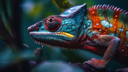 Colorful chameleon isolated on leaves background. Lizard on the green leaves. Generative AI.の素材