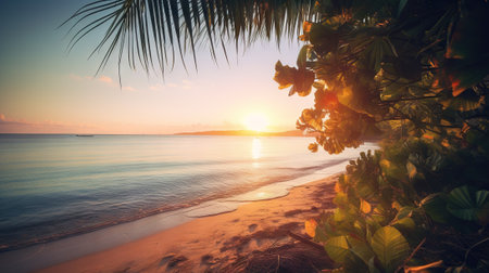 Tropical summer seascape with palm leaves, beach and paradise ocean on sunset. Generative AI.の素材
