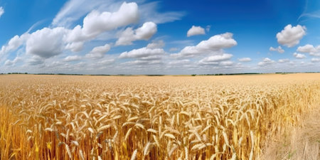 Field of golden ripe wheat under the blue sky and clouds. Generative AI.の素材