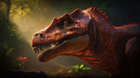 Closeup on head with sharp teeth of carnivorous dinosaur. Prehistoric predator. Generative AI.の素材