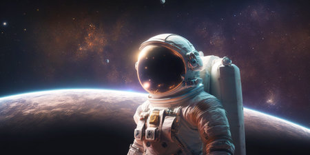 Portrait of astronaut floating in space with a planet behind. Generative AIの素材