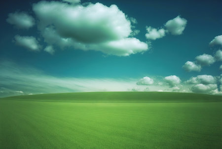 Fresh green field spring landscape with blue sky. Minimalistic empty scene. Generative AI.の素材