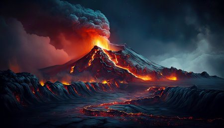 Volcano eruption. Lava flow down the slopes. Smoke rises in night sky. Generative AI.の素材