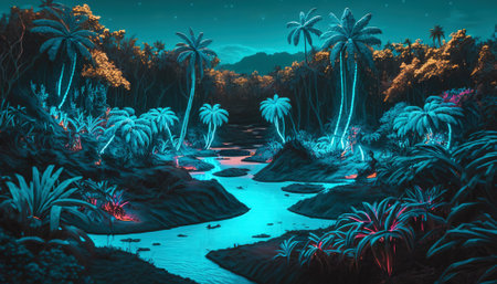 Tropical jungle in vibrant gradient neon colors. Synthwave rain forest. Generative AI.の素材