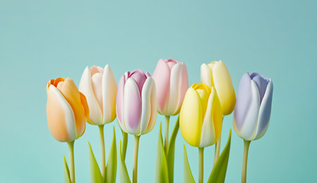 Bouquet of pastel tulips on uniform background. Generative AI.の素材