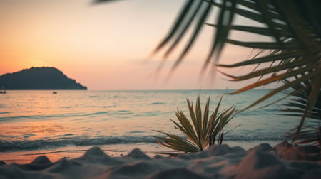 Tropical summer seascape with palm leaves, beach and paradise ocean on sunset. Generative AI.の素材