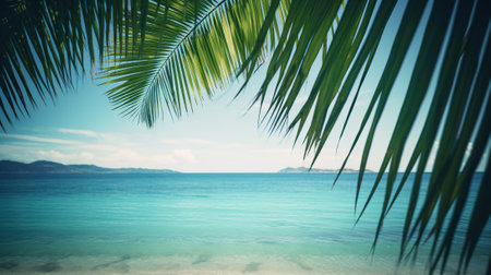 Tropical summer seascape with palm leaves, beach and paradise ocean. Vacation and travel backdrop. Generative AI.の素材