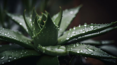 Closeup of aloe tropical plant leaves with rain drops. Green natural backdrop. Generative AI.の素材