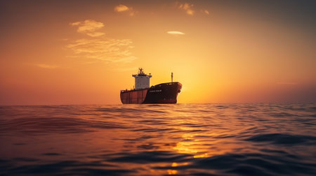 Low angle view on huge fuel tanker ship in the sea on sunset. Generative AI.の素材