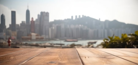 Wood table mockup with Hong Kong city street in shallow depth of field. Copy space for product. Generative AI.の素材