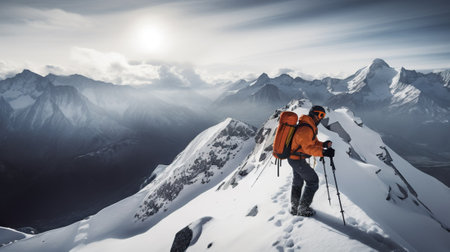 Explorer stand in front of high mountain peak winter snowy landscape. Generative AI.の素材