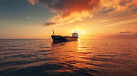 Low angle view on huge fuel tanker ship in the sea on sunset. Generative AI.の素材