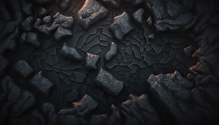 Black lava rock texture. Dark stone surface texture. Generative AI.の素材