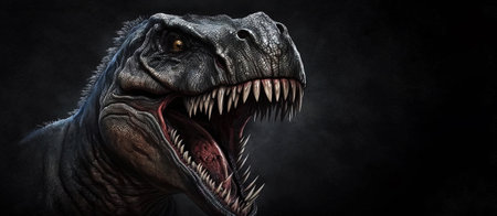 Closeup on head with sharp teeth of carnivorous dinosaur Tyrannosaurus . Prehistoric predator. Generative AI.の素材