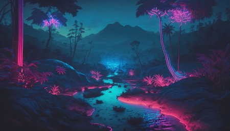Tropical jungle in vibrant gradient neon colors. Synthwave rain forest. Generative AI.の素材