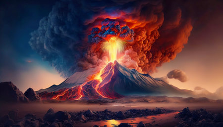 Volcano eruption. Lava flow down the slopes. Smoke rises in night sky. Generative AI.の素材