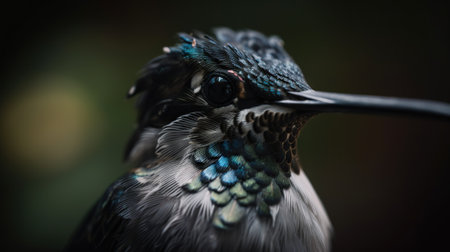 Closeup of hummingbird on a green background. Generative AI.の素材