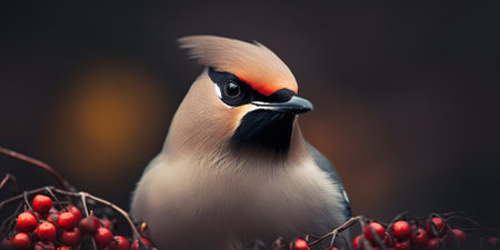 A Bohemian Waxwing bird stands on a tree branch. Generative AI.の素材