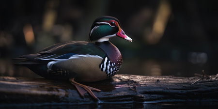 A wood duck bird portrait. Blurry background. Generative AI.の素材