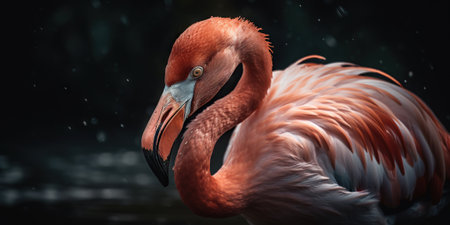 Pink flamingo close up standing with forest background. Generative AI.の素材