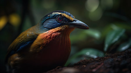 Gurney Pitta bird on floral blurry background. Generative AI.の素材