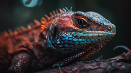 Colorful forest lizard on a tree bark in forest. Generative AI.の素材
