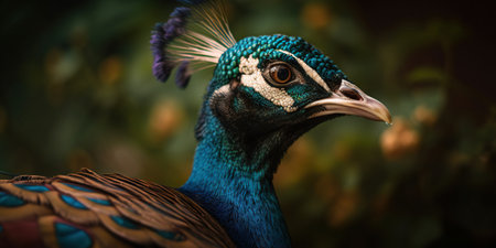 Close up photo of Peacock bird on forest background. Generative AI.の素材