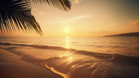 Tropical summer seascape with palm leaves, beach and paradise ocean on sunset. Generative AI.の素材