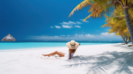 Woman relaxing on tropical beach against paradise ocean. Summer seascape with palm leaves. Generative AI.の素材