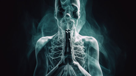 Meditating human with energy flow through his body. Transcendental yoga or prayer. Sacral enlightment. Generative AI .の素材
