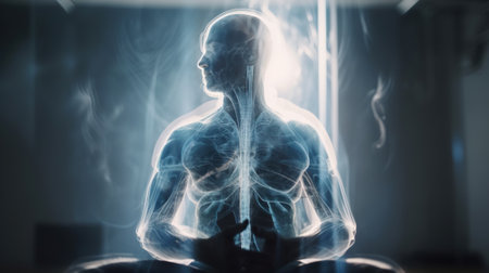 Meditating human with energy flow through his body. Transcendental yoga or prayer. Sacral enlightment. Generative AI .の素材