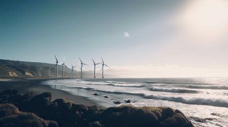 Windmill farm on the ocean shore, windmills on a sunny day. Generative AI.の素材