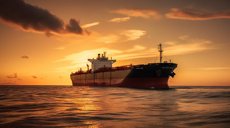 Low angle view on huge fuel tanker ship in the sea on sunset. Generative AI.の素材