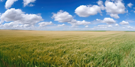 Field of golden ripe wheat under the blue sky and clouds. Generative AI.の素材