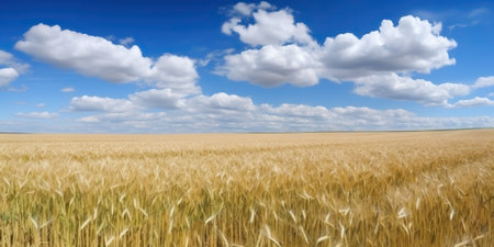 Field of golden ripe wheat under the blue sky and clouds. Generative AI.の素材