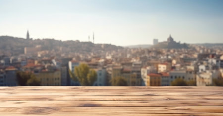 Wood table mockup with Istanbul city street in shallow depth of field. Copy space for product. Generative AI.の素材