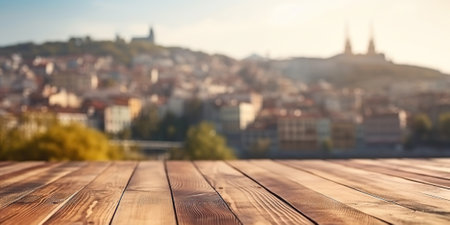 Wood table mockup with Istanbul city street in shallow depth of field. Copy space for product. Generative AI.の素材