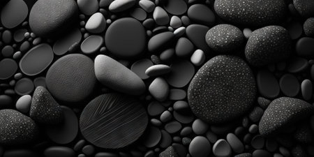 Black pebble stones texture. Dark natural rock backdrop. Generative AI.の素材