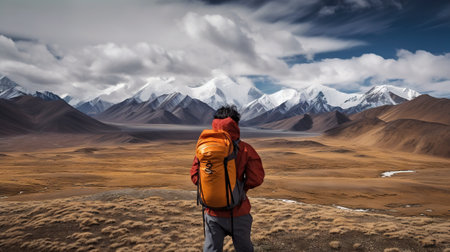 Explorer stand in front of high mountain peak landscape. Generative AI.の素材