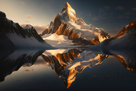 High mountain peak landscape with a lake on foreground. Generative AI.の素材