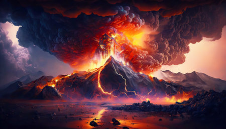 Volcano eruption. Lava flow down the slopes. Smoke rises in night sky. Generative AI.の素材