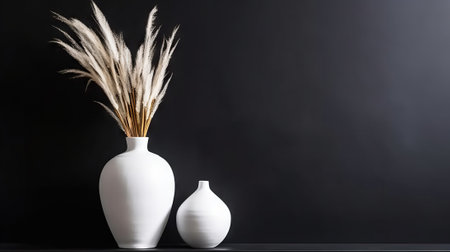 Vase with decorative plant branch against black wall background. Minimalist interior mockup. Generative AI.の素材