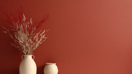 Vase with decorative plant branch against red wall background. Minimalist interior mockup. Generative AI.の素材
