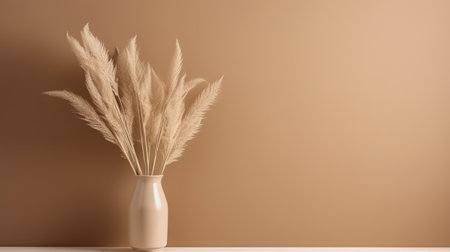 Vase with decorative dry plant branch against beige wall background. Minimalist interior mockup. Generative AI.の素材