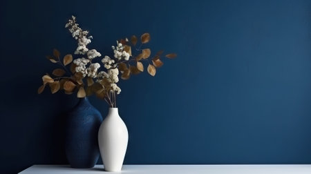 Vase with decorative plant branch against dark blue wall background. Minimalist interior mockup. Generative AI.の素材