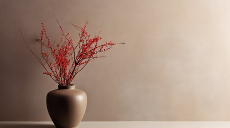 Vase with decorative plant branch against gray wall background. Minimalist interior mockup. Generative AI.の素材