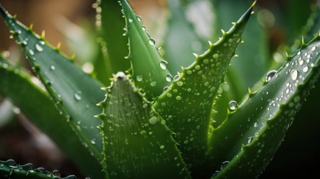 Closeup of aloe tropical plant leaves with rain drops. Green natural backdrop. Generative AI.の素材