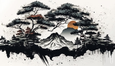 Abstract landscape with mountains in japanese style. Generative AI.の素材