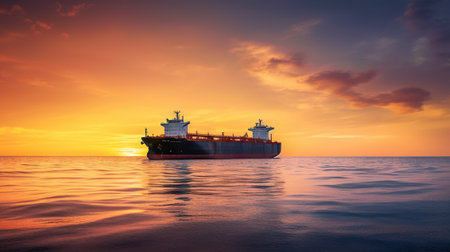 Low angle view on huge fuel tanker ship in the sea on sunset. Generative AI.の素材
