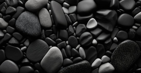 Black pebble stones texture. Dark natural rock backdrop. Generative AI.の素材